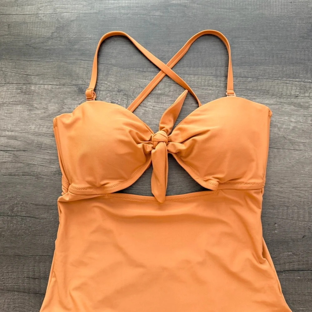 Aerie One-Piece Swimsuit Warm Rust Orange Tie Front Size Large - Picture 2 of 5